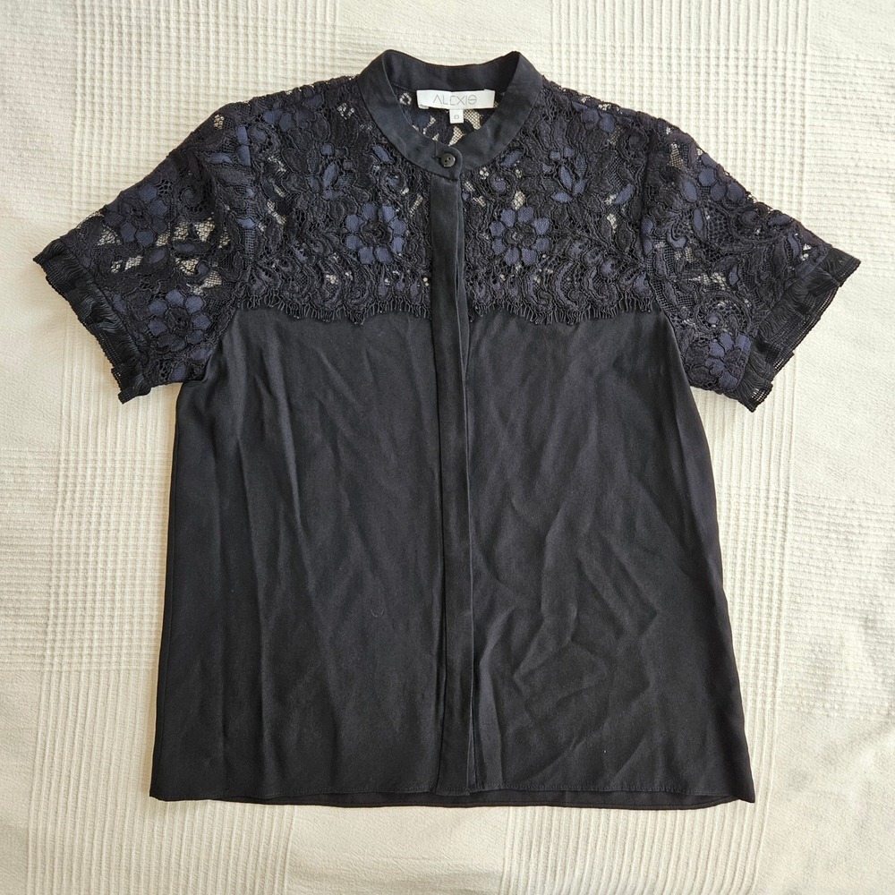 Alexis Black Lace Yoke Short Sleeve Blouse Mock Neck Hidden Button Top Women S